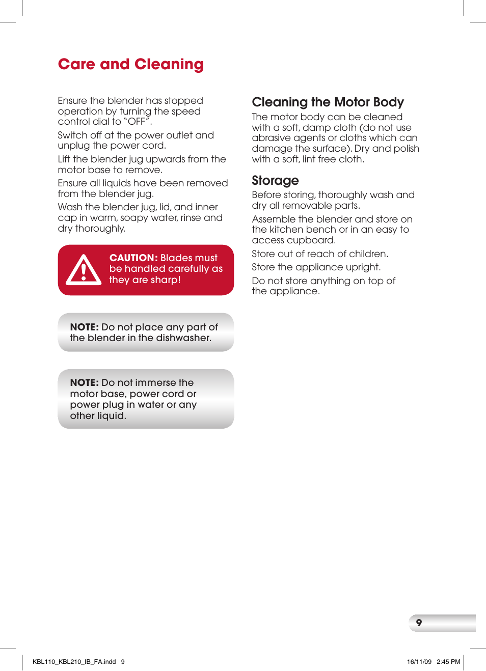 Care and cleaning, Cleaning the motor body, Storage | Kambrook KBL210 User Manual | Page 9 / 16