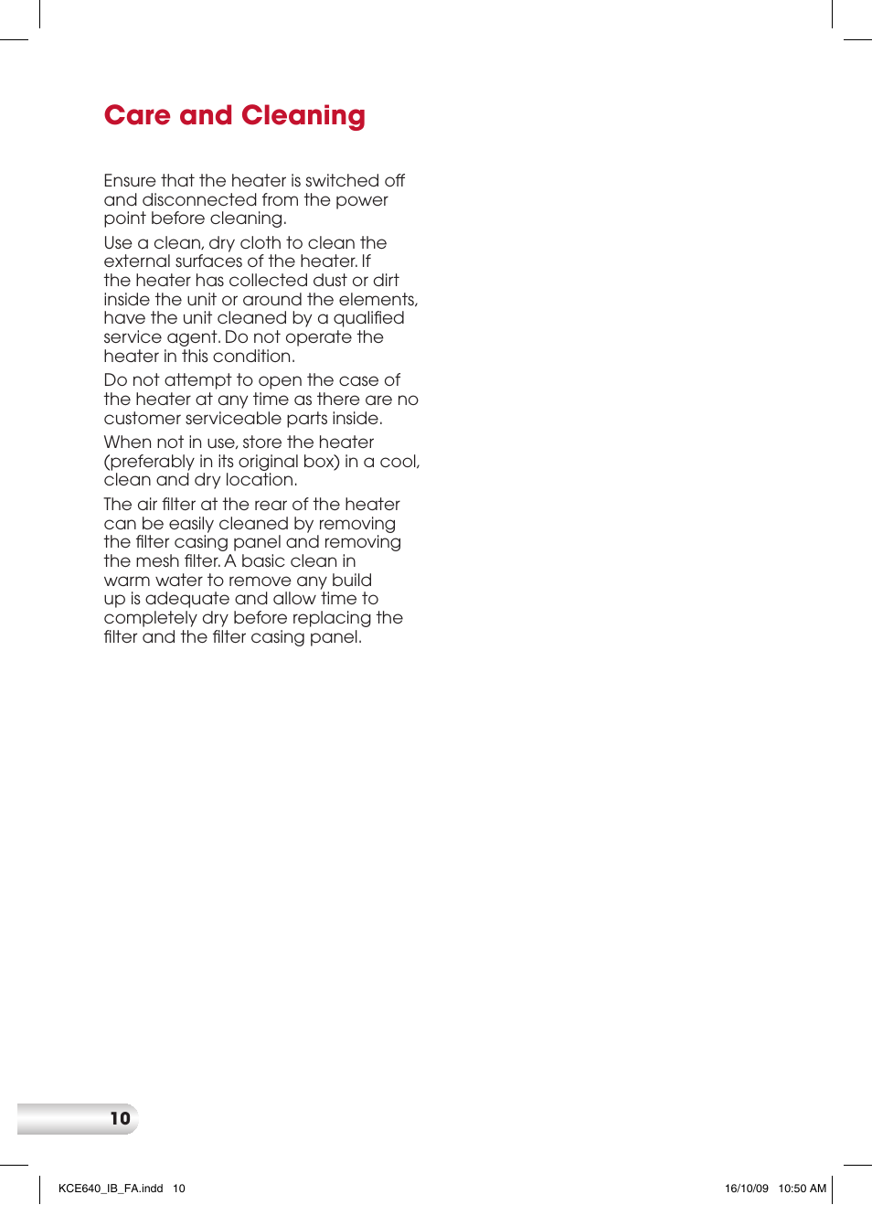 Care and cleaning | Kambrook CERAMIC KCE640 User Manual | Page 10 / 12