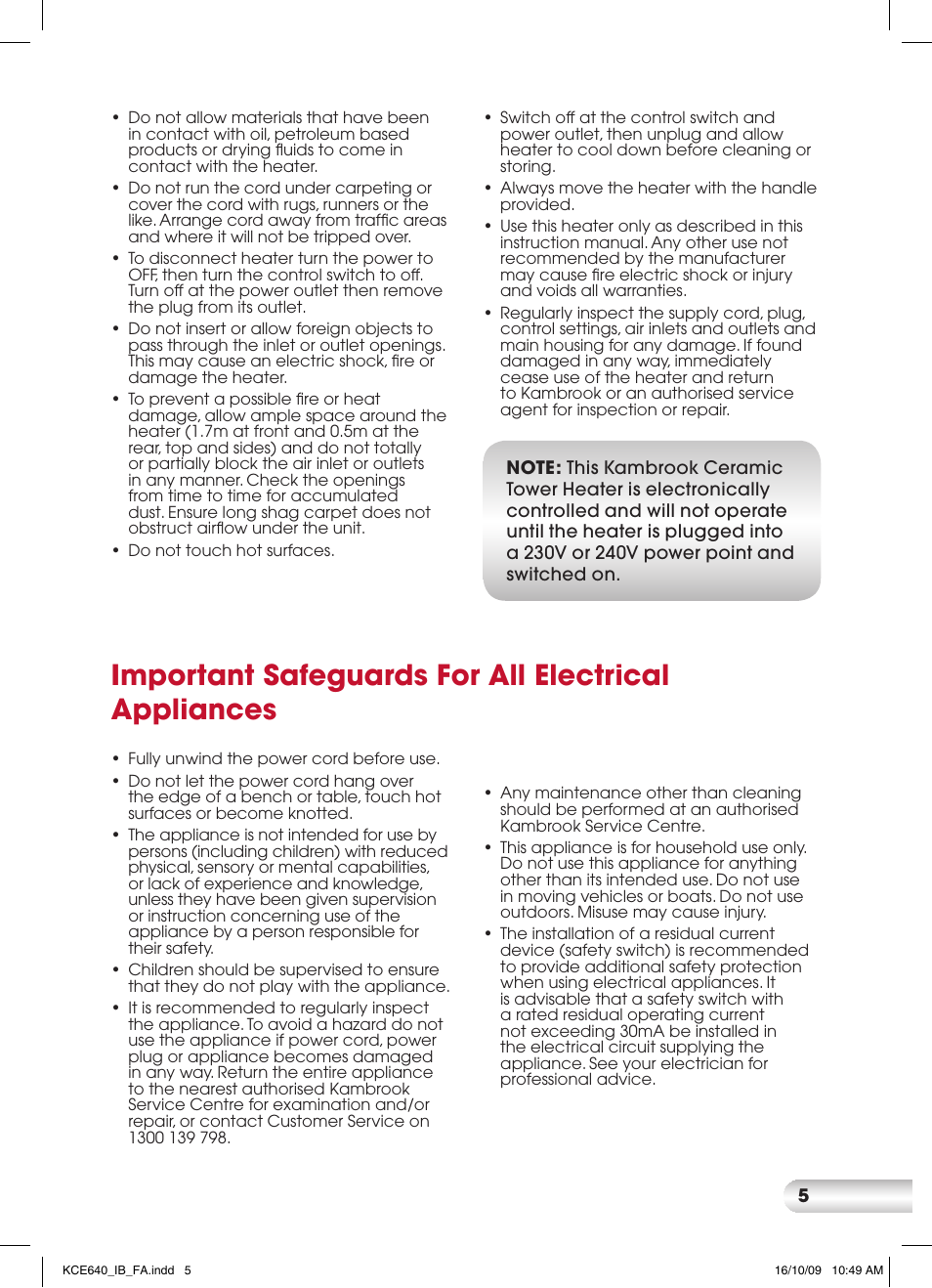 Important safeguards for all electrical appliances | Kambrook CERAMIC KCE640 User Manual | Page 5 / 12