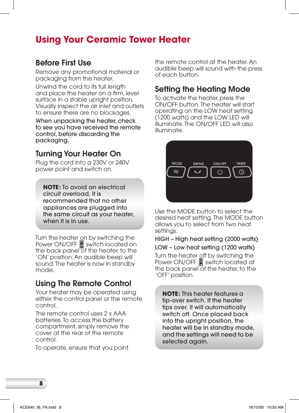 Using your ceramic tower heater, Setting the heating mode, Before first use | Turning your heater on, Using the remote control | Kambrook CERAMIC KCE640 User Manual | Page 8 / 12