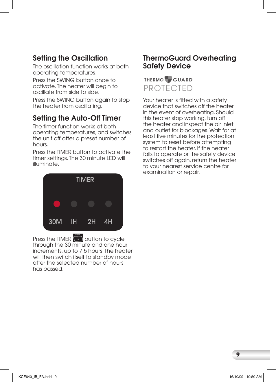 Setting the oscillation, Setting the auto-off timer, Thermoguard overheating safety device | Kambrook CERAMIC KCE640 User Manual | Page 9 / 12