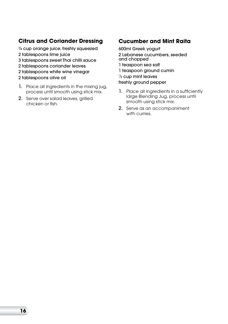Citrus and coriander dressing, Cucumber and mint raita | Kambrook Stick Mix KSB7 User Manual | Page 17 / 20