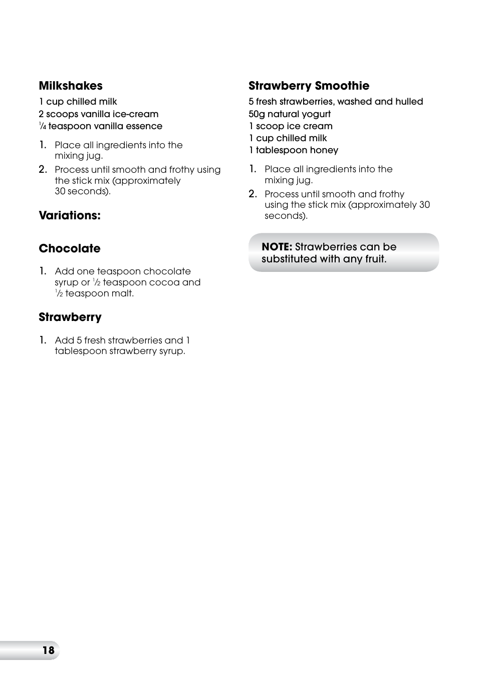 Milkshakes, Variations: chocolate, Strawberry | Strawberry smoothie | Kambrook Stick Mix KSB7 User Manual | Page 19 / 20