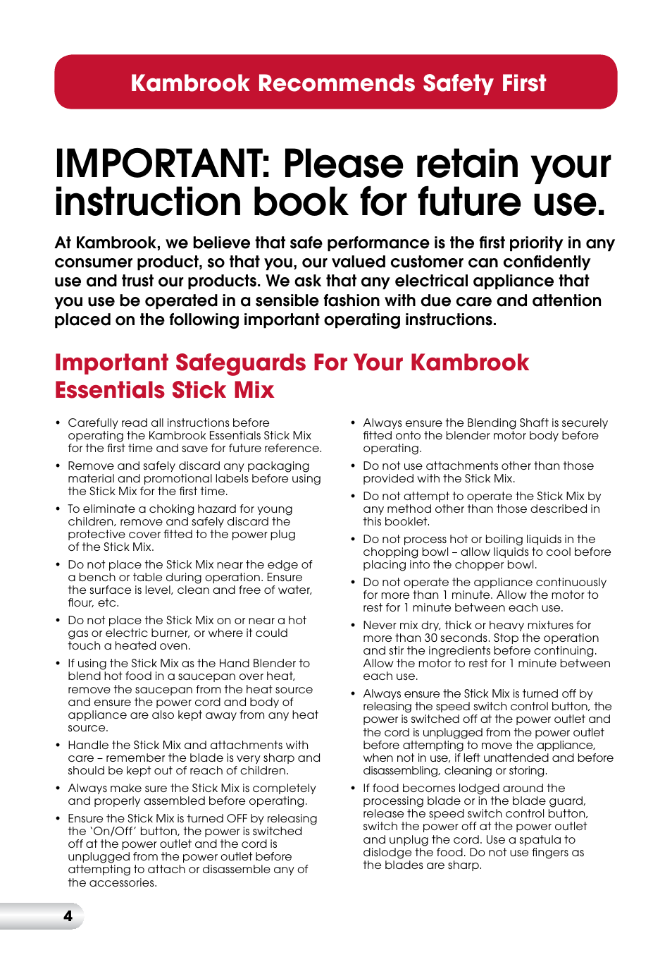 Kambrook recommends safety first | Kambrook Stick Mix KSB7 User Manual | Page 5 / 20