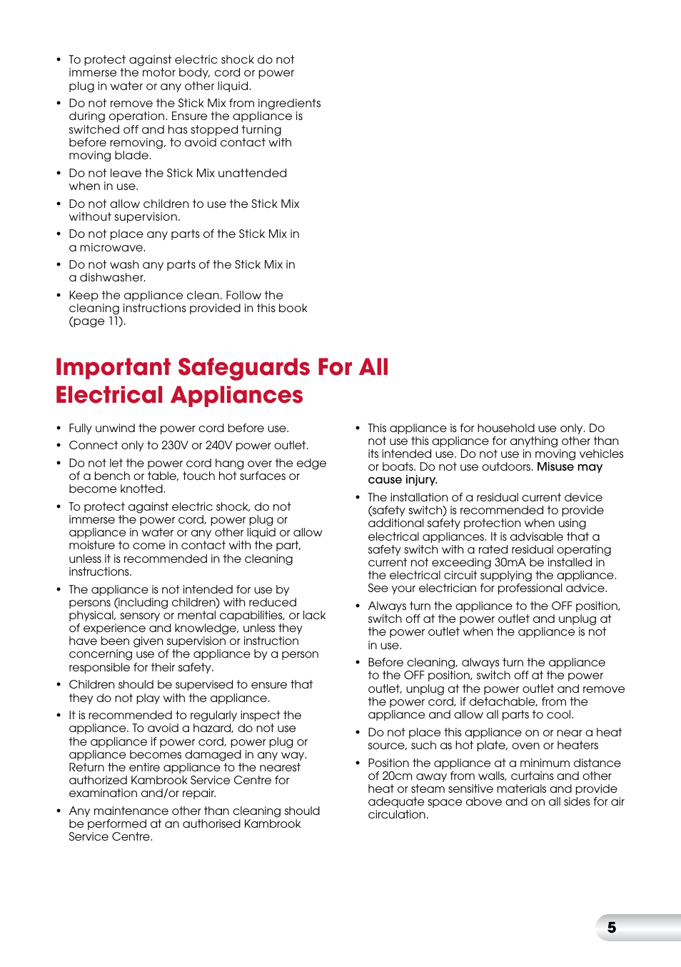 Important safeguards for all electrical appliances | Kambrook Stick Mix KSB7 User Manual | Page 6 / 20