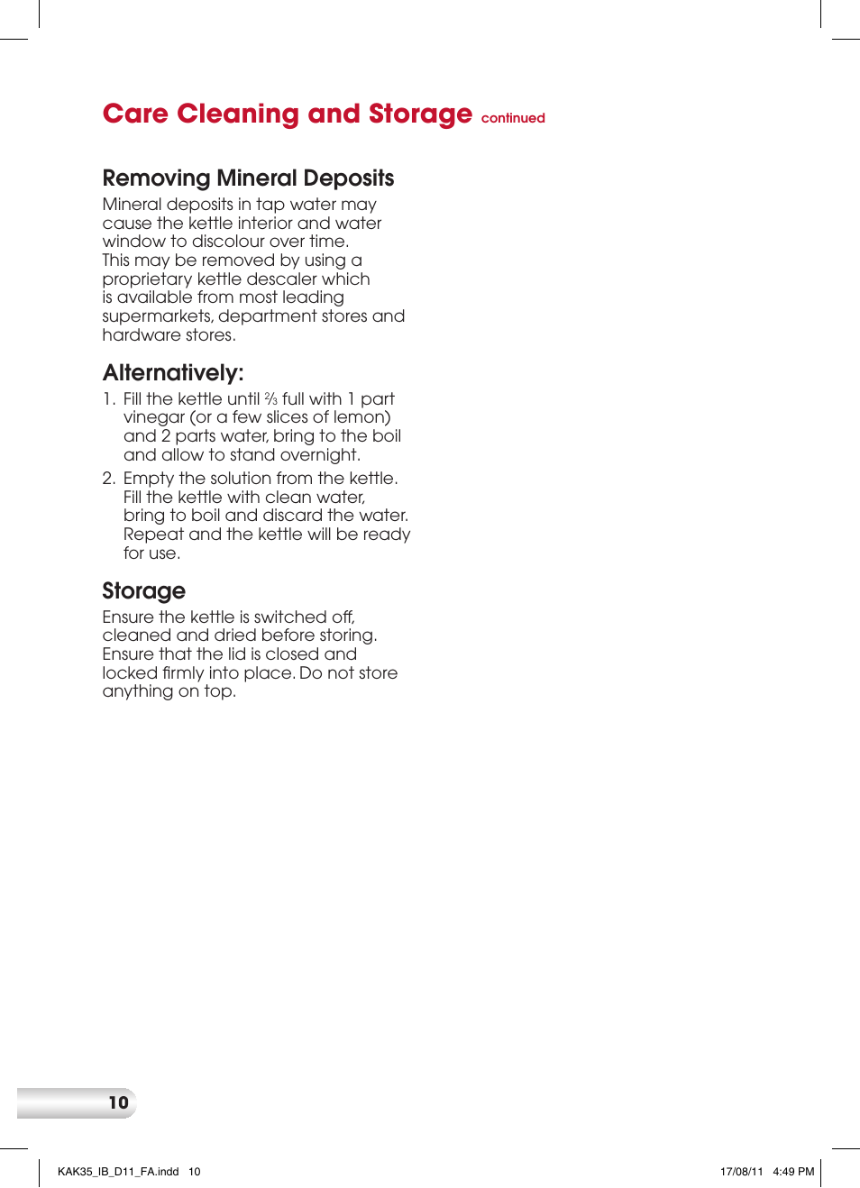 Care cleaning and storage, Removing mineral deposits, Alternatively | Storage | Kambrook AQUARIUS CORDFREE KAK35 User Manual | Page 10 / 12