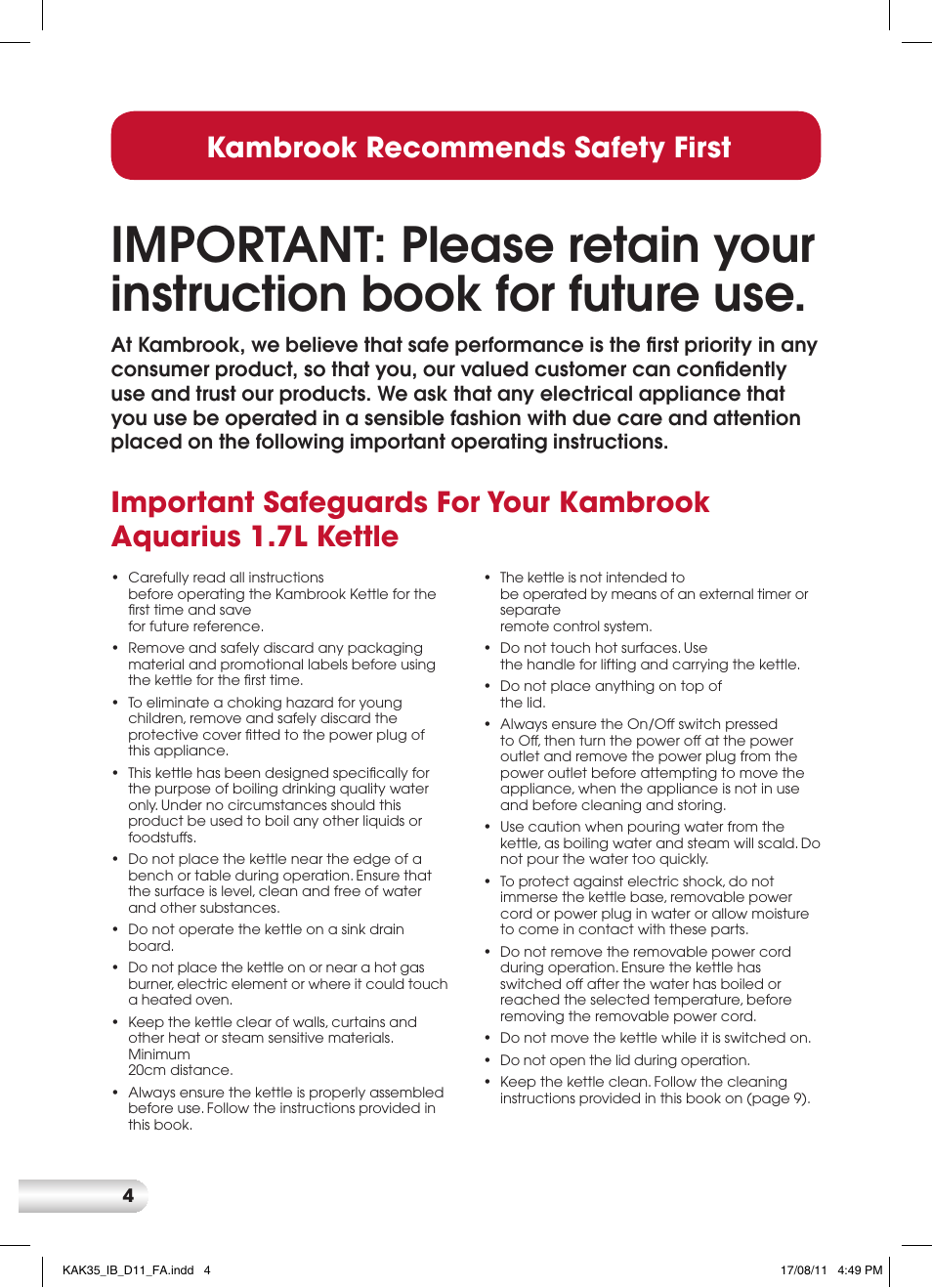 Kambrook recommends safety first | Kambrook AQUARIUS CORDFREE KAK35 User Manual | Page 4 / 12