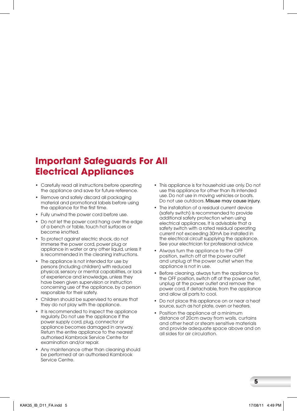 Important safeguards for all electrical appliances | Kambrook AQUARIUS CORDFREE KAK35 User Manual | Page 5 / 12