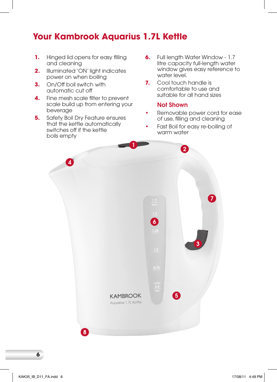 Your kambrook aquarius 1.7l kettle | Kambrook AQUARIUS CORDFREE KAK35 User Manual | Page 6 / 12