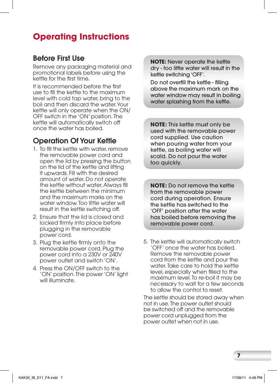 Operating instructions, Before first use, Operation of your kettle | Kambrook AQUARIUS CORDFREE KAK35 User Manual | Page 7 / 12