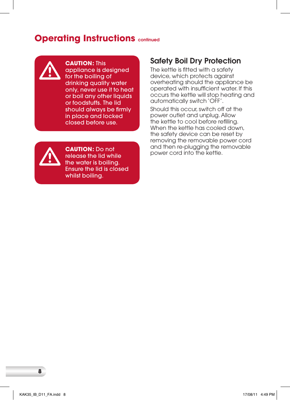 Operating instructions, Safety boil dry protection | Kambrook AQUARIUS CORDFREE KAK35 User Manual | Page 8 / 12