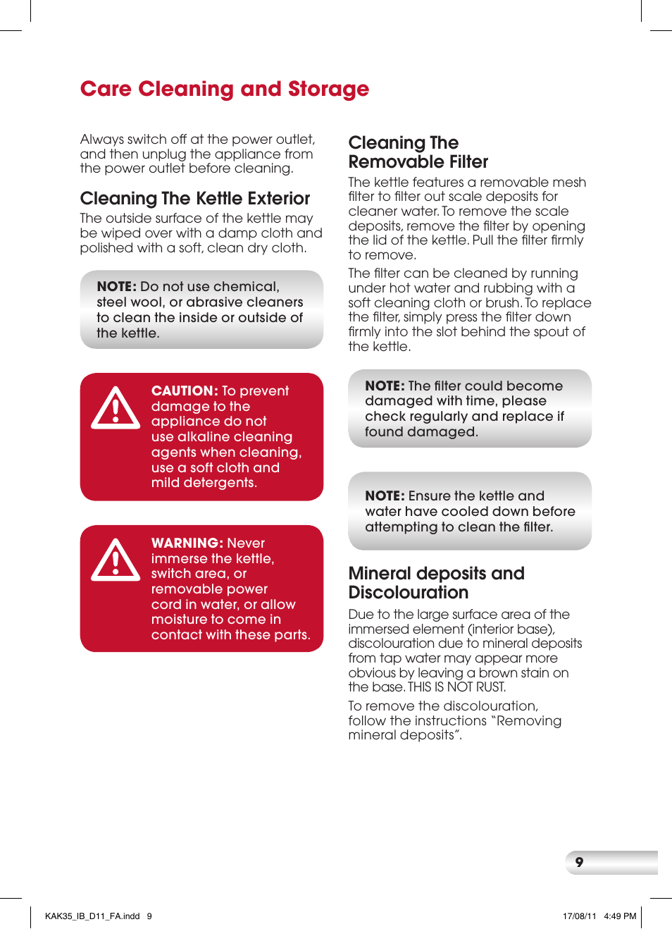 Care cleaning and storage, Cleaning the kettle exterior, Cleaning the removable filter | Mineral deposits and discolouration | Kambrook AQUARIUS CORDFREE KAK35 User Manual | Page 9 / 12