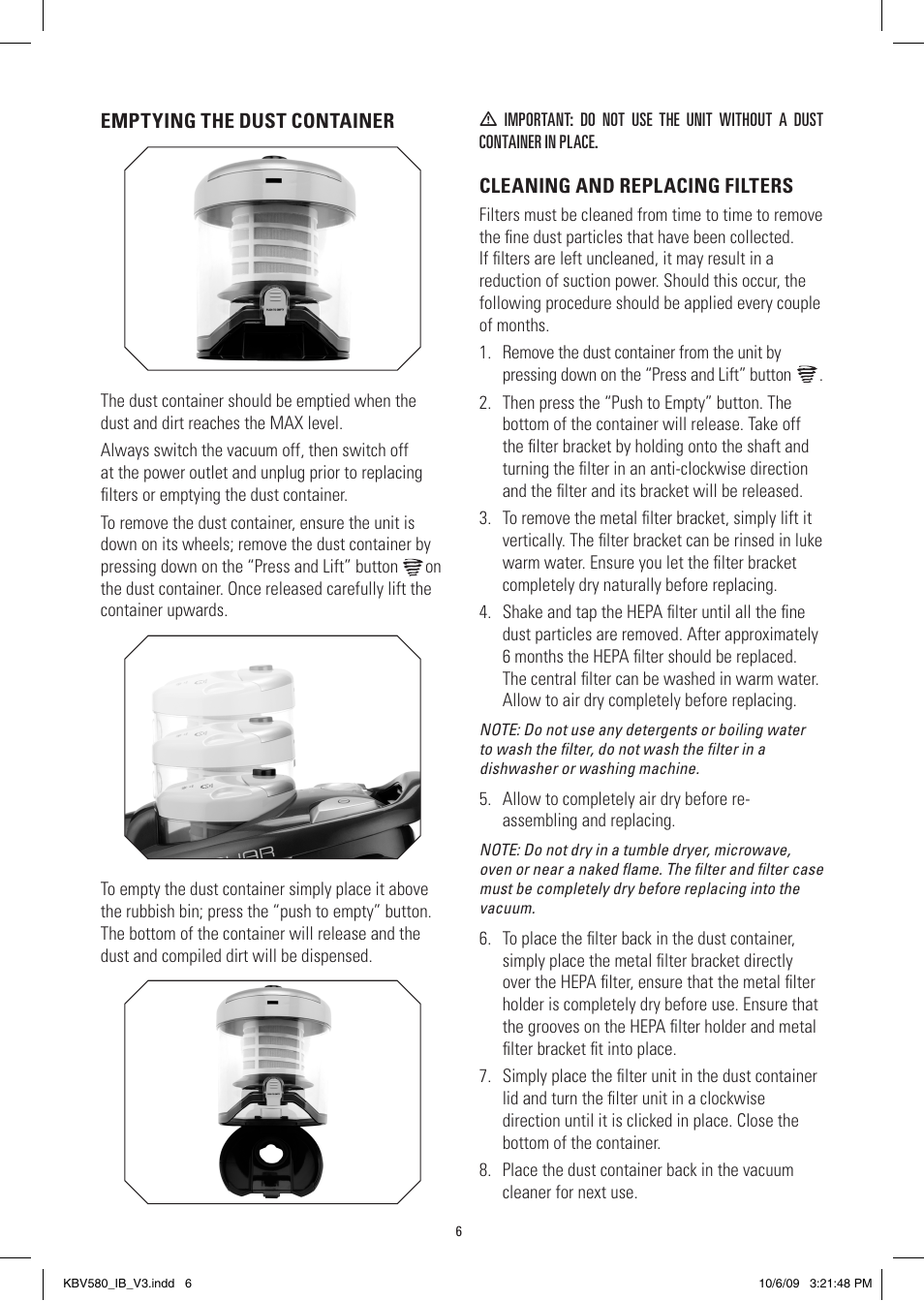 Emptying the dust container, Cleaning and replacing filters | Kambrook JAGUAR TWISTER KBV50 User Manual | Page 6 / 12