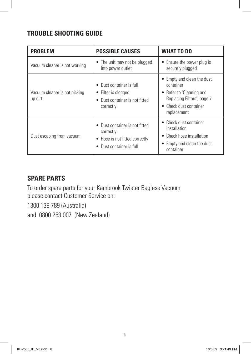 Trouble shooting guide | Kambrook JAGUAR TWISTER KBV50 User Manual | Page 8 / 12