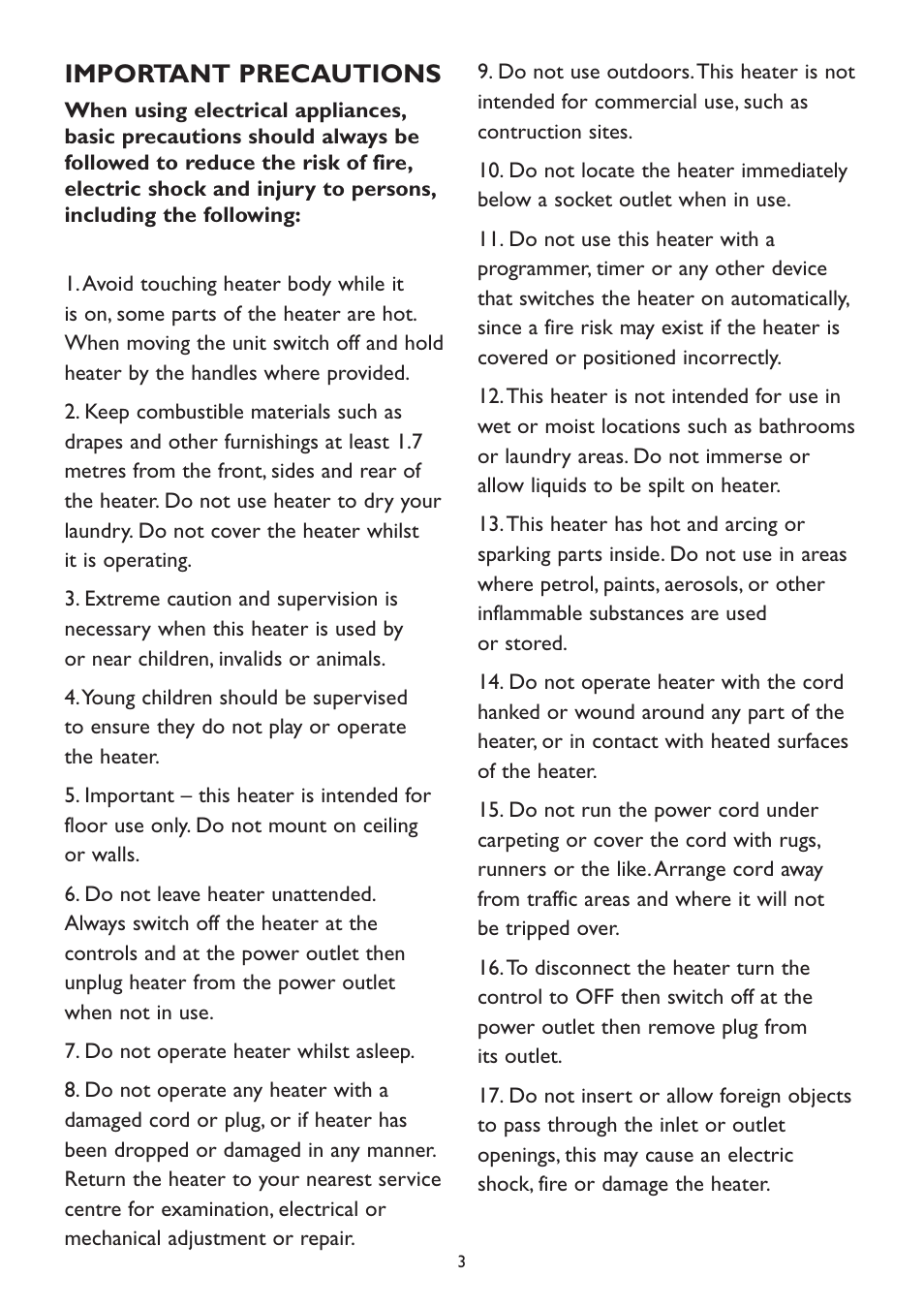 Important precautions | Kambrook KFH330 User Manual | Page 3 / 8