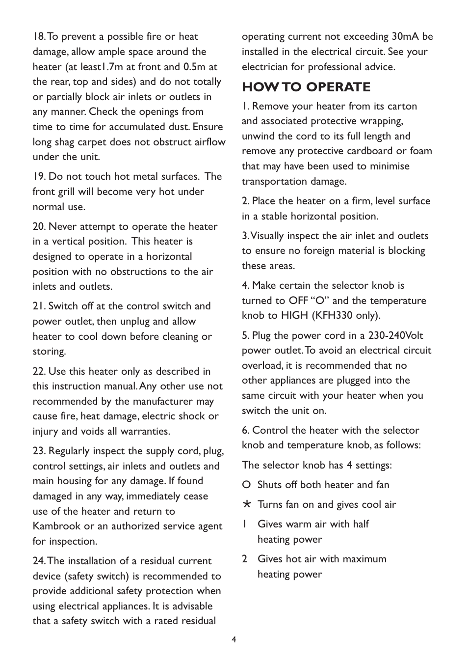 How to operate | Kambrook KFH330 User Manual | Page 4 / 8