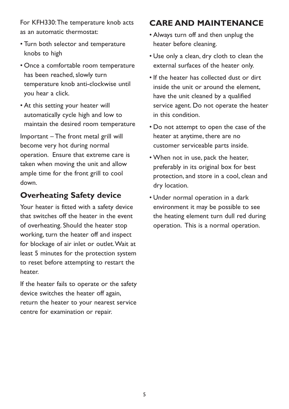 Overheating safety device, Care and maintenance | Kambrook KFH330 User Manual | Page 5 / 8