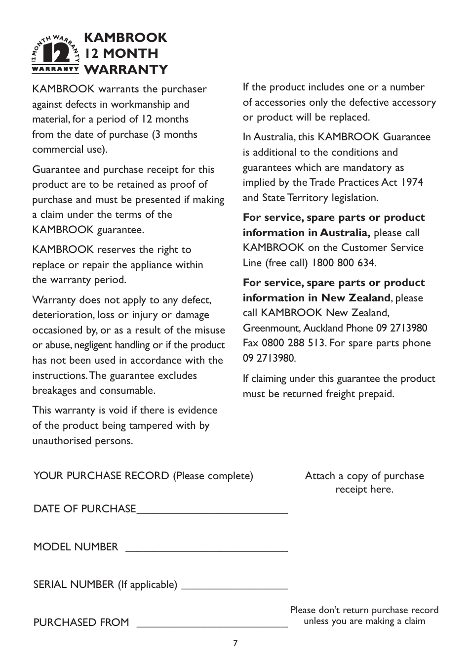 Kambrook 12 month warranty, Attach a copy of purchase receipt here | Kambrook KFH330 User Manual | Page 7 / 8