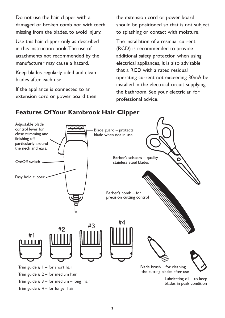 Features of your kambrook hair clipper | Kambrook KHC10B User Manual | Page 3 / 8