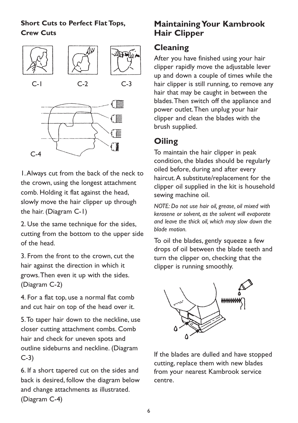 Maintaining your kambrook hair clipper cleaning, Oiling | Kambrook KHC10B User Manual | Page 6 / 8