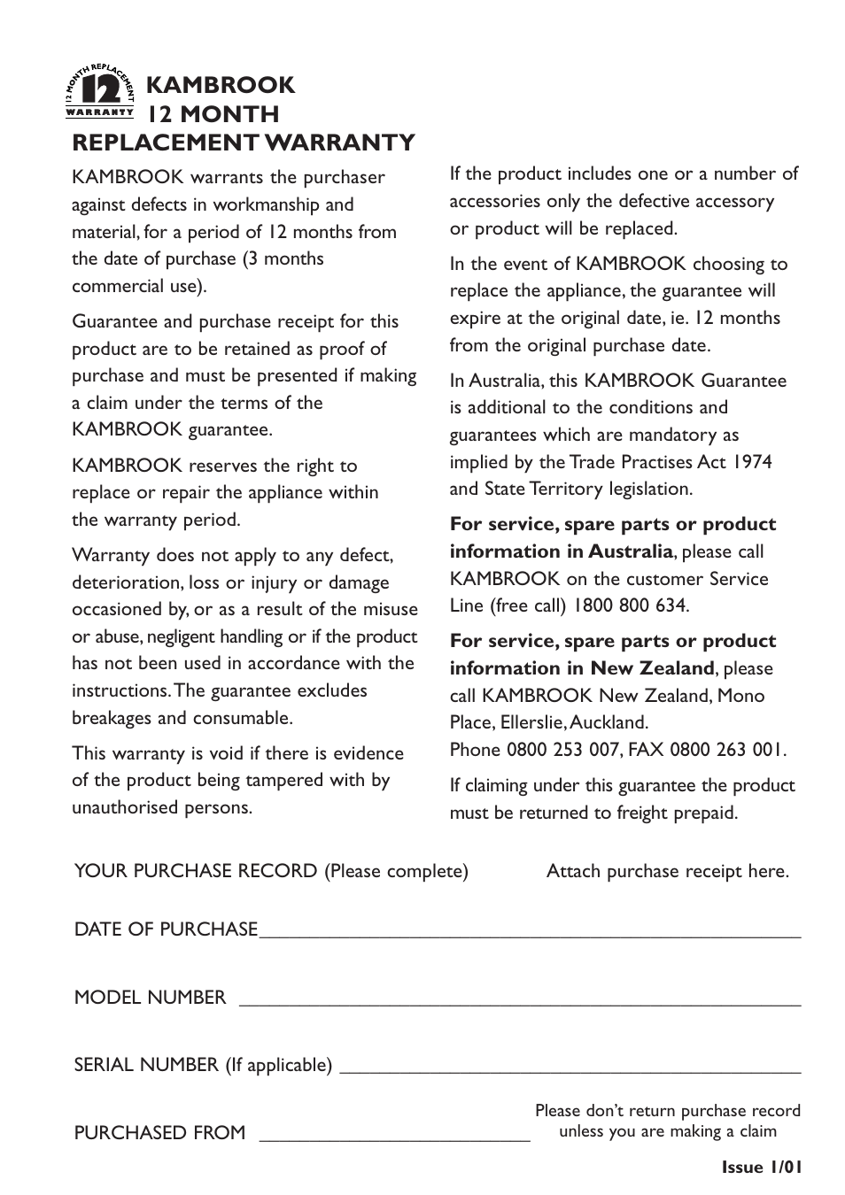 Kambrook 12 month replacement warranty | Kambrook KHC10B User Manual | Page 7 / 8