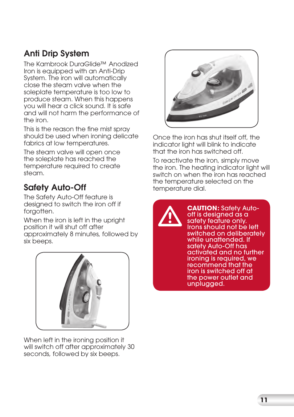 Anti drip system, Safety auto-off | Kambrook DURAGLIDE KI820 User Manual | Page 11 / 16