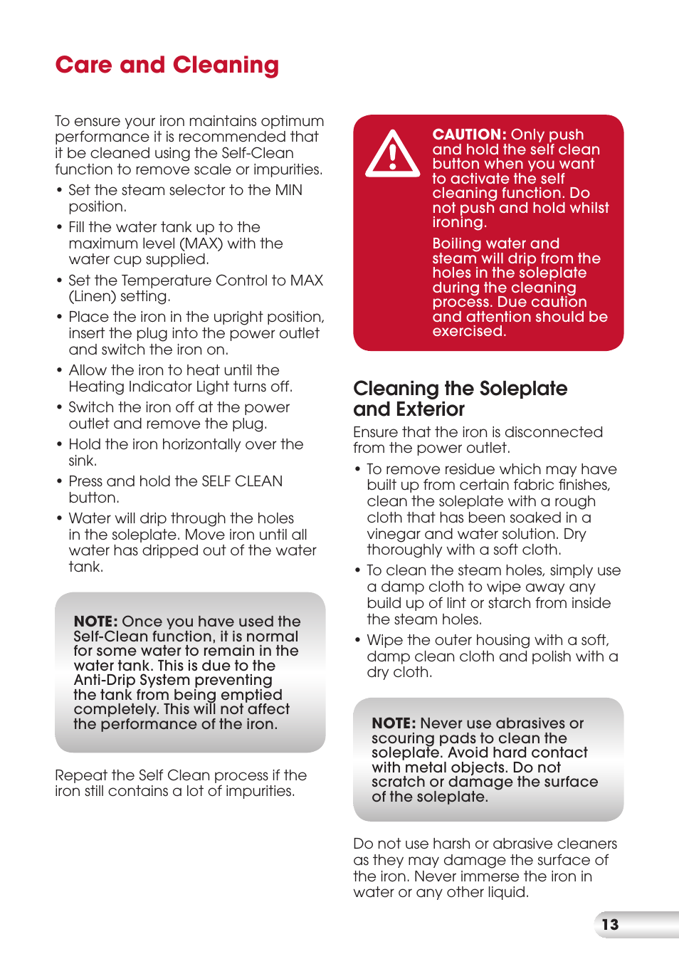 Care and cleaning, Cleaning the soleplate and exterior | Kambrook DURAGLIDE KI820 User Manual | Page 13 / 16