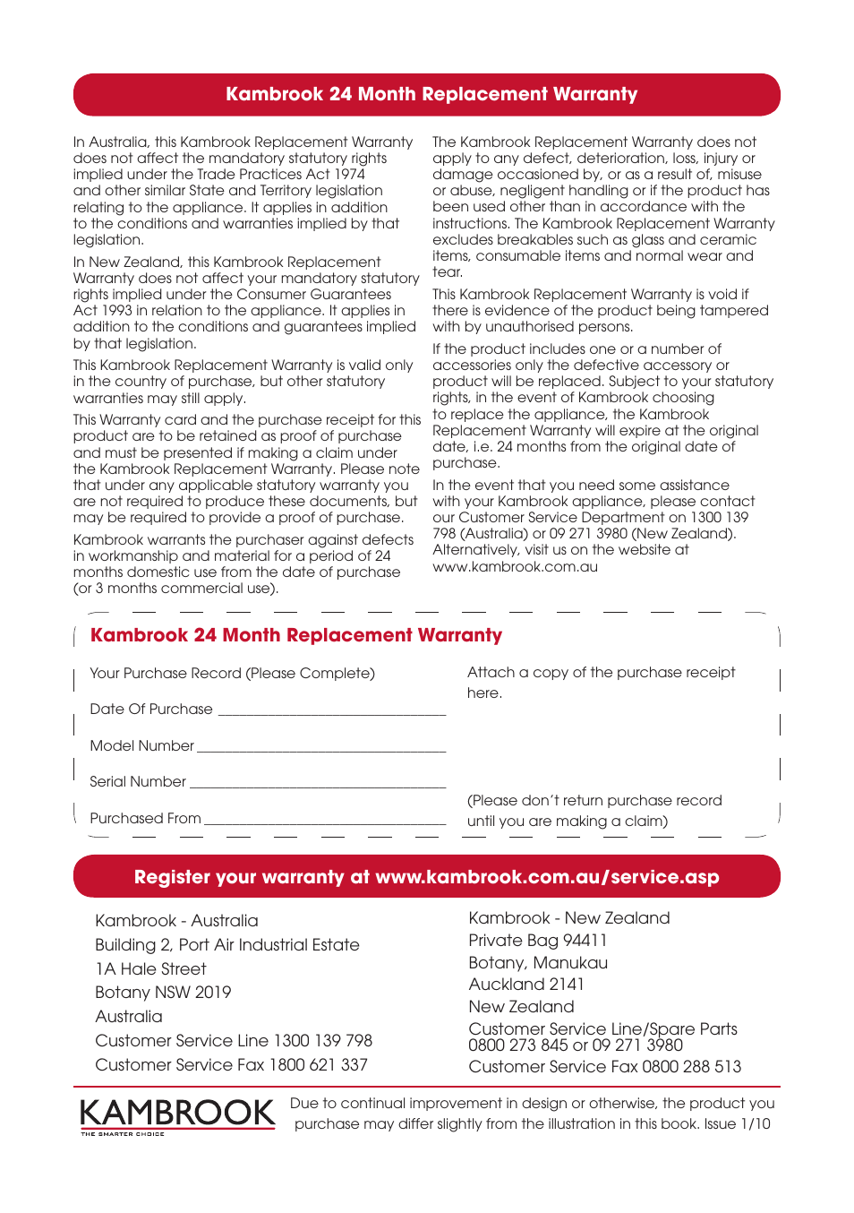 Kambrook 24 month replacement warranty | Kambrook DURAGLIDE KI820 User Manual | Page 16 / 16