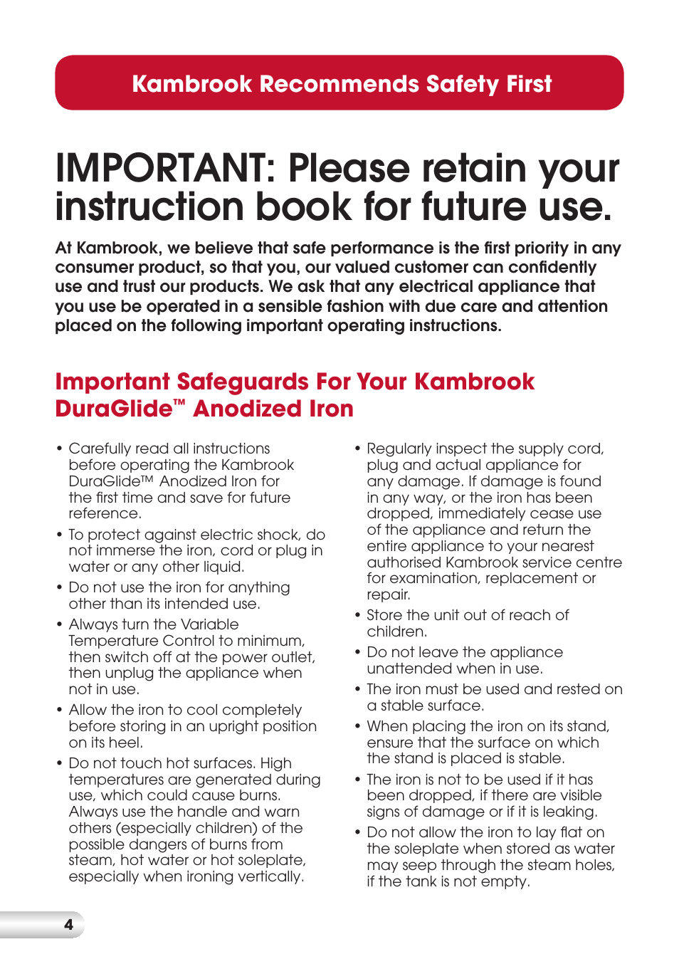 Kambrook recommends safety first, Important safeguards for your kambrook duraglide, Anodized iron | Kambrook DURAGLIDE KI820 User Manual | Page 4 / 16