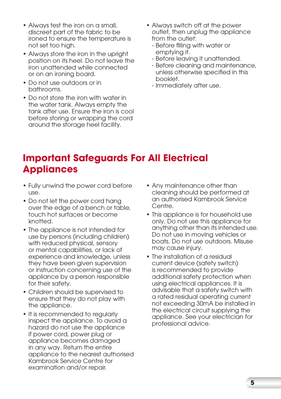 Important safeguards for all electrical appliances | Kambrook DURAGLIDE KI820 User Manual | Page 5 / 16