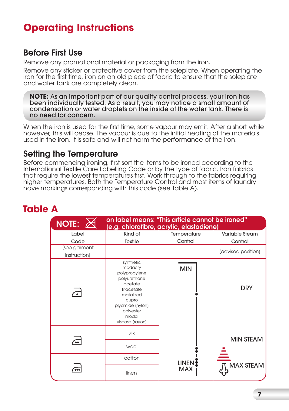 Operating instructions, Table a, Before first use | Setting the temperature | Kambrook DURAGLIDE KI820 User Manual | Page 7 / 16