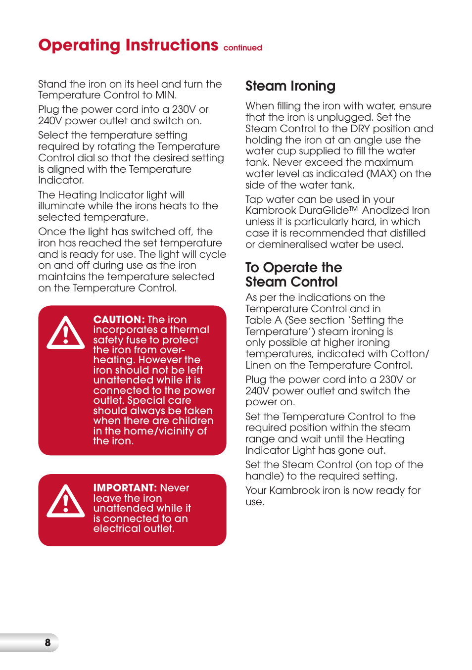 Operating instructions, Steam ironing | Kambrook DURAGLIDE KI820 User Manual | Page 8 / 16