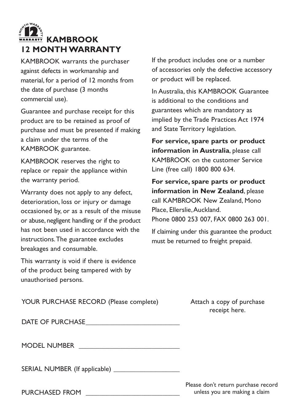 Kambrook 12 month warranty, Attach a copy of purchase receipt here | Kambrook KCR40 User Manual | Page 5 / 6