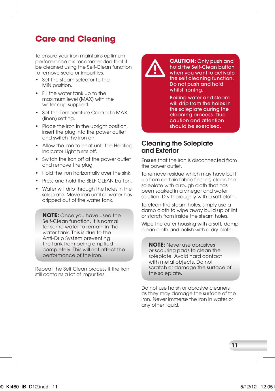 Care and cleaning, Cleaning the soleplate and exterior | Kambrook KI400 User Manual | Page 11 / 12
