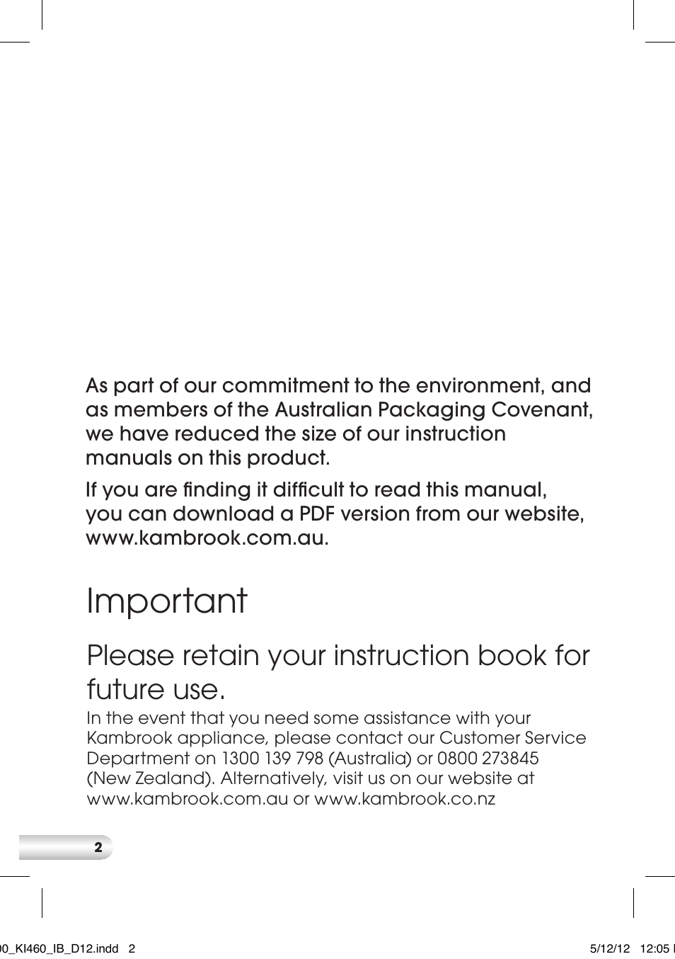 Important, Please retain your instruction book for future use | Kambrook KI400 User Manual | Page 2 / 12