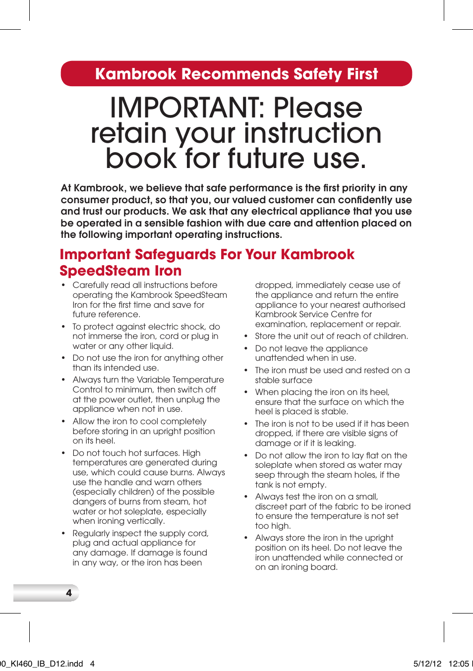 Kambrook recommends safety first | Kambrook KI400 User Manual | Page 4 / 12