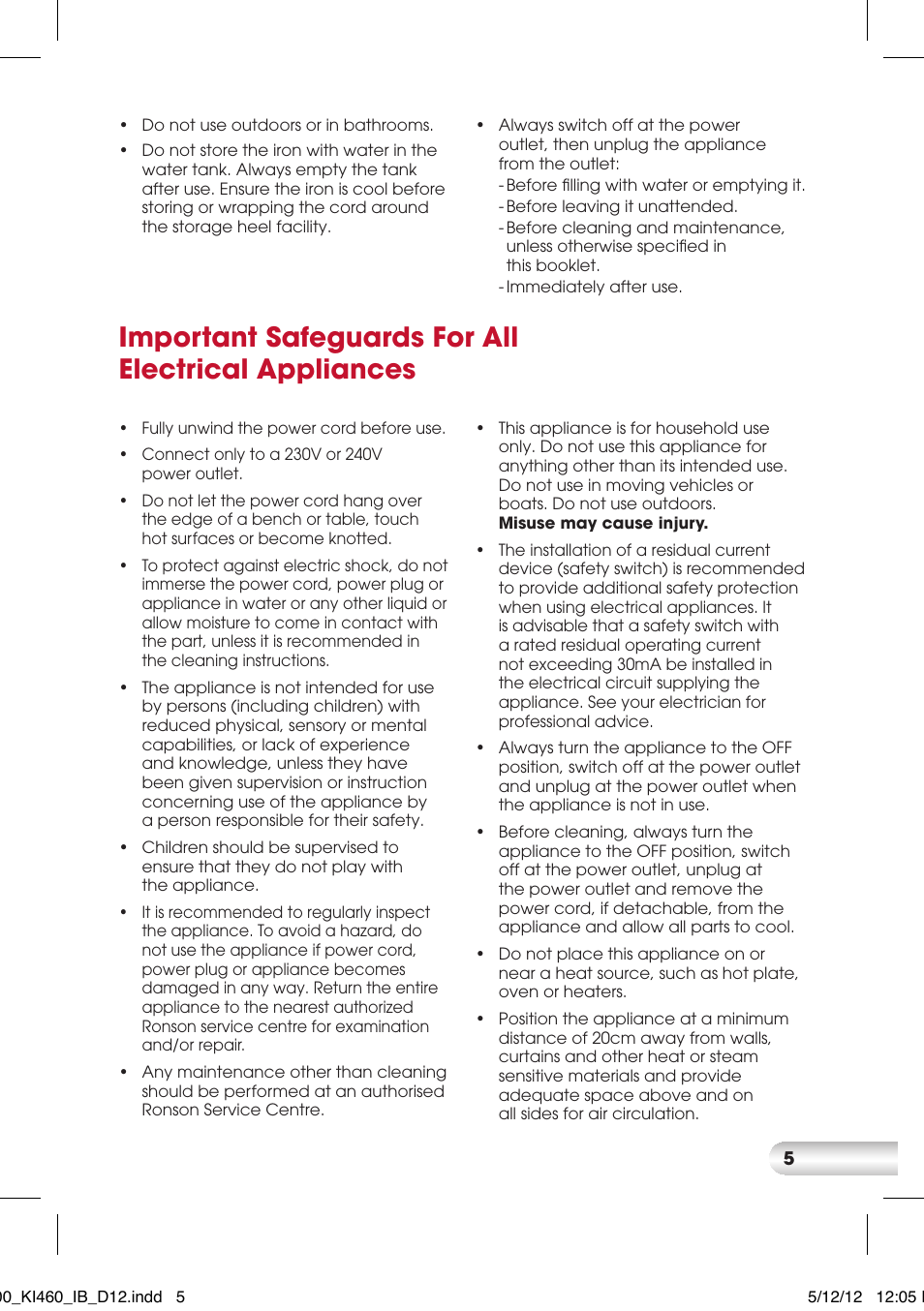 Important safeguards for all electrical appliances | Kambrook KI400 User Manual | Page 5 / 12