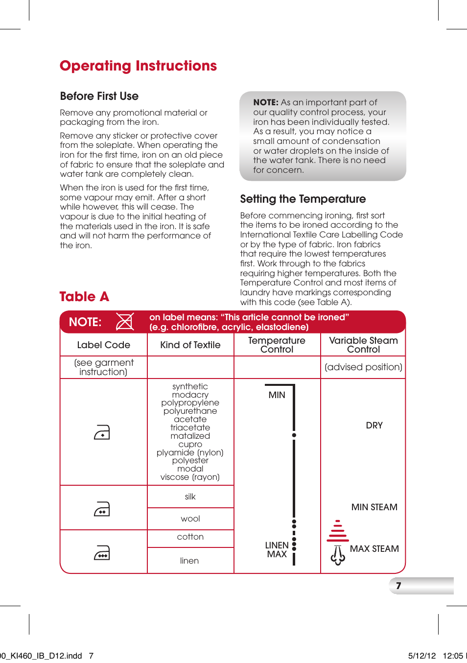 Operating instructions, Table a, Before first use | Setting the temperature | Kambrook KI400 User Manual | Page 7 / 12