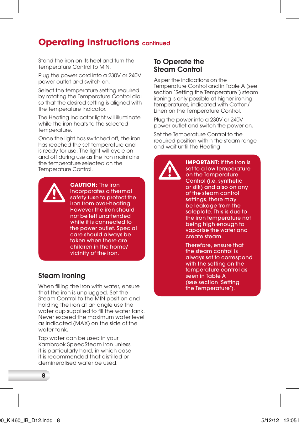 Operating instructions, Steam ironing | Kambrook KI400 User Manual | Page 8 / 12
