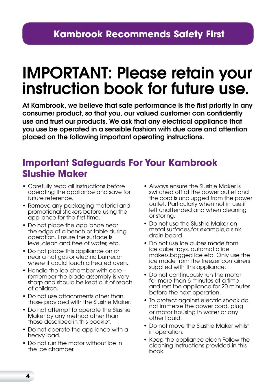Kambrook recommends safety first | Kambrook LITTLE CHEFS KIS20 User Manual | Page 4 / 12
