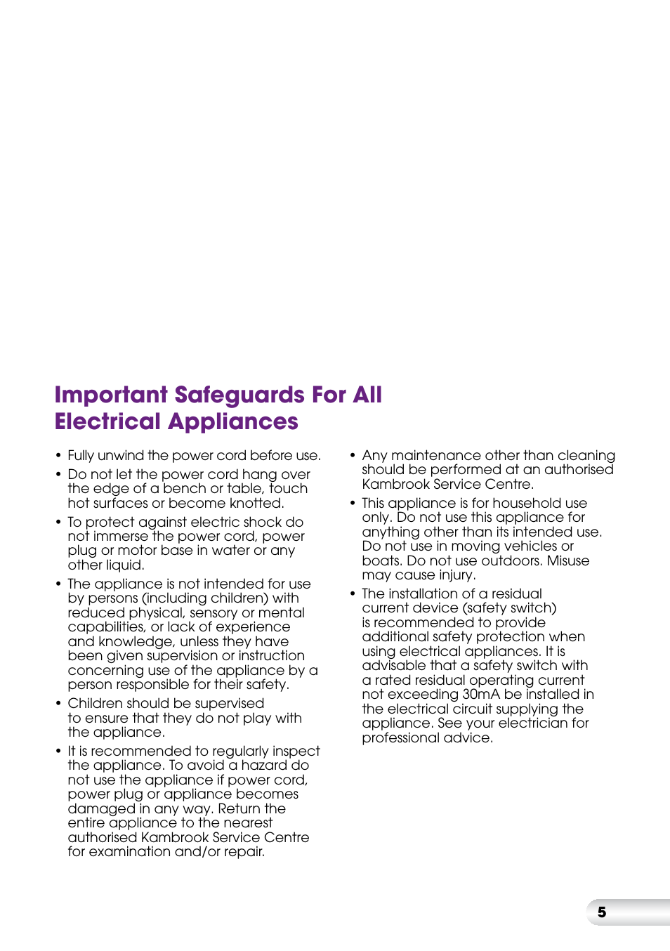 Important safeguards for all electrical appliances | Kambrook LITTLE CHEFS KIS20 User Manual | Page 5 / 12