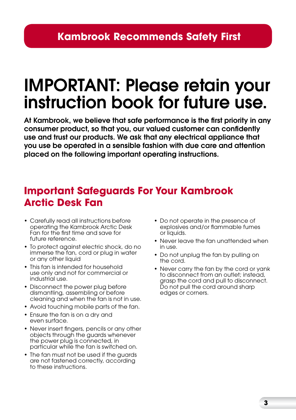 Kambrook recommends safety first | Kambrook ARCTIC KFA211 User Manual | Page 3 / 8