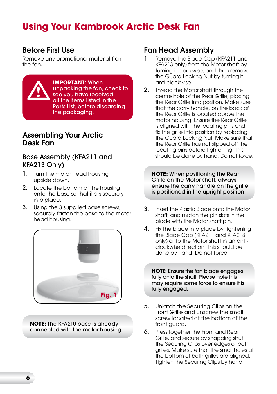 Using your kambrook arctic desk fan, Before first use, Assembling your arctic desk fan | Fan head assembly | Kambrook ARCTIC KFA211 User Manual | Page 6 / 8