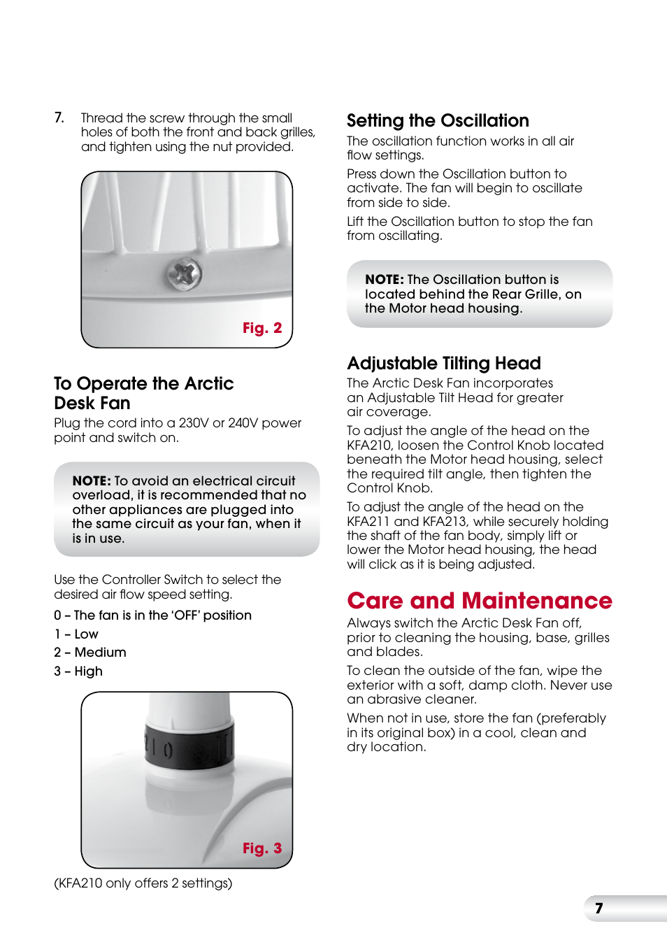 Care and maintenance, Setting the oscillation, Adjustable tilting head | Kambrook ARCTIC KFA211 User Manual | Page 7 / 8