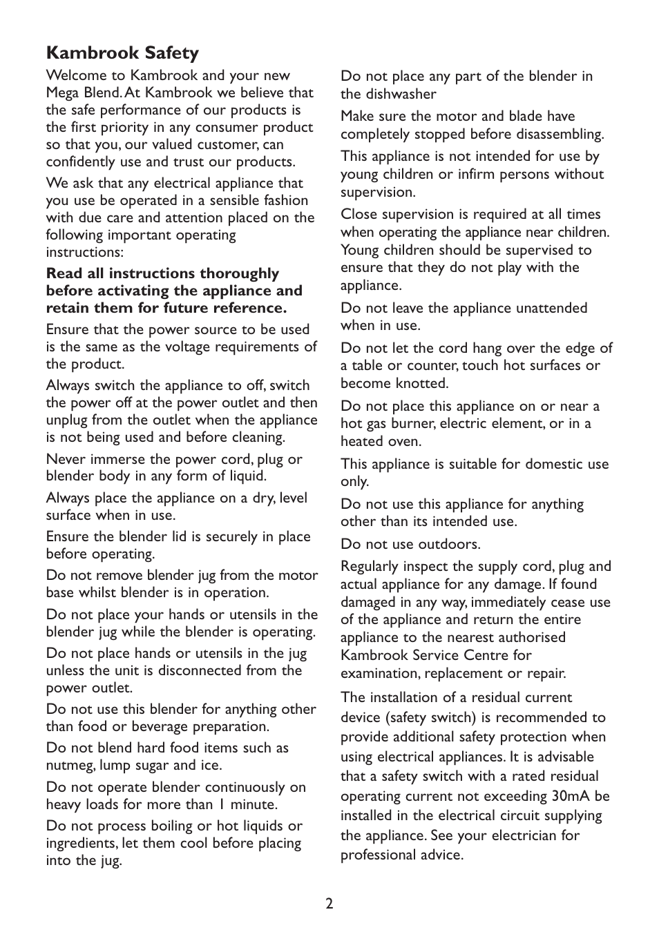 Kambrook safety | Kambrook Mega Blend KB220 User Manual | Page 2 / 12