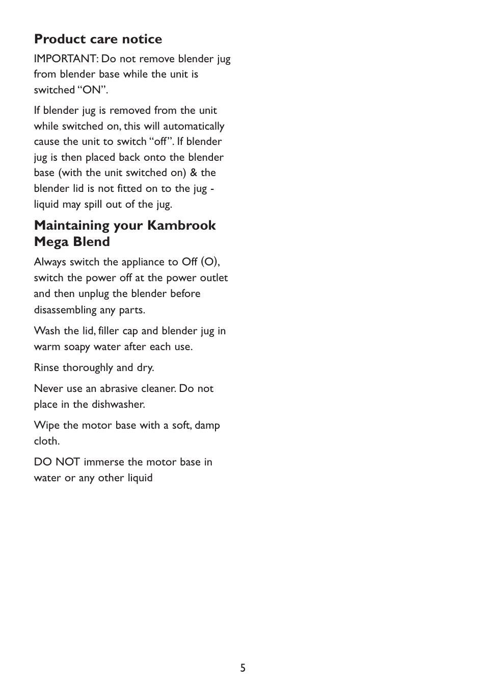 Product care notice, Maintaining your kambrook mega blend | Kambrook Mega Blend KB220 User Manual | Page 5 / 12