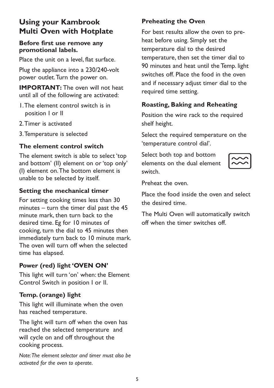 Using your kambrook multi oven with hotplate | Kambrook KOT700 User Manual | Page 5 / 16