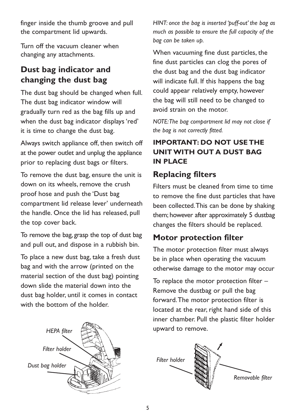 Dust bag indicator and changing the dust bag, Replacing filters, Motor protection filter | Kambrook KVC20 User Manual | Page 5 / 8