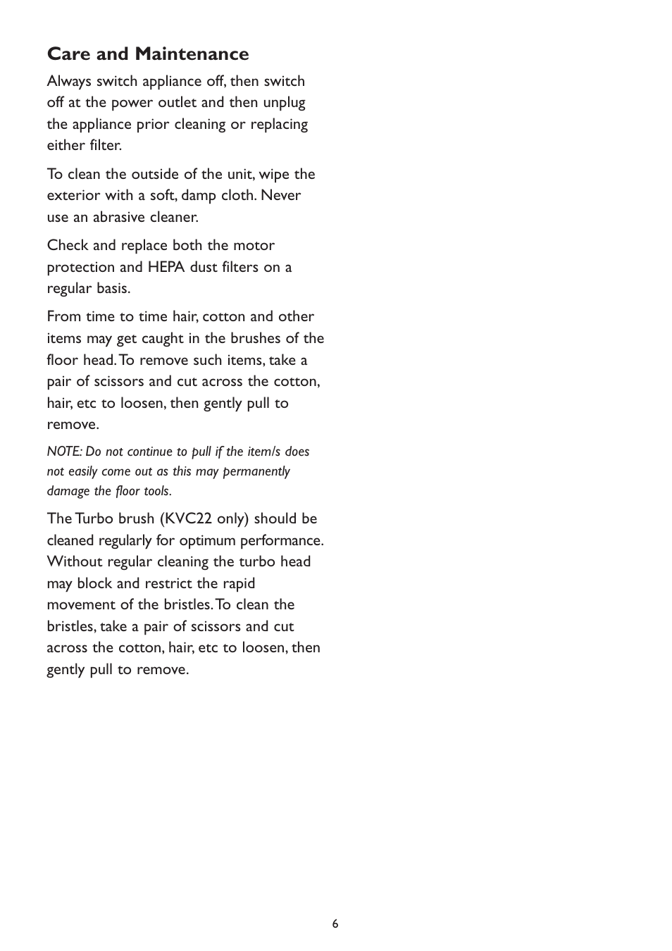 Care and maintenance | Kambrook KVC20 User Manual | Page 6 / 8