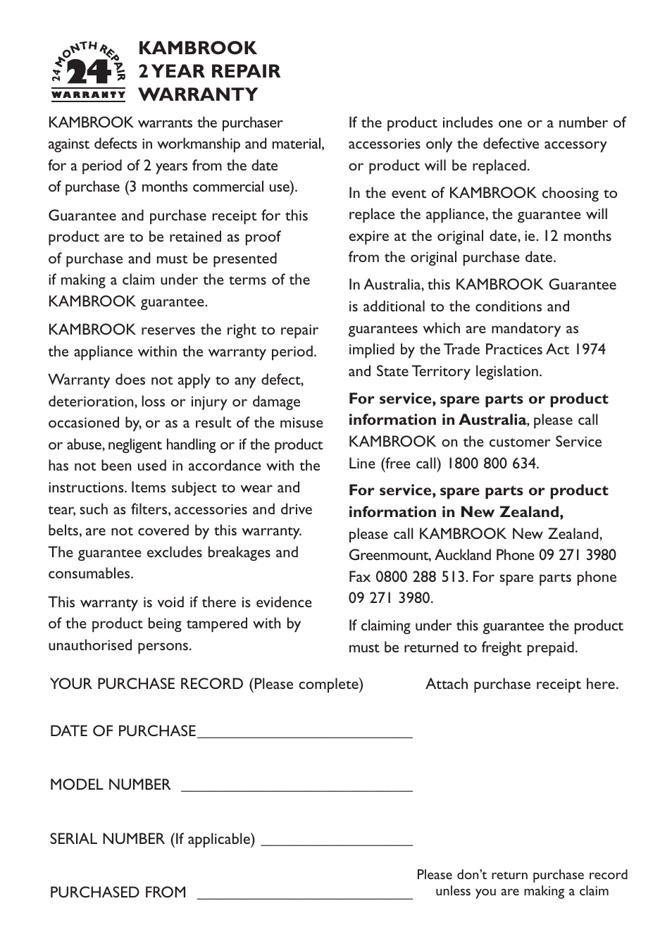 Kambrook 2 year repair warranty | Kambrook KVC20 User Manual | Page 7 / 8